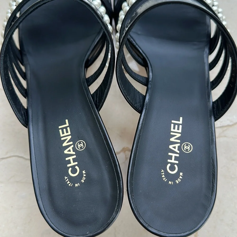 CHANEL Black Pearl-Embellished Strappy Block Heel Sandals